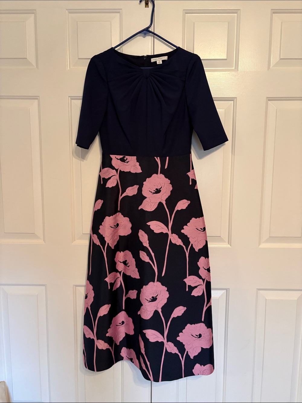 Kay Unger Navy Dress with Pink Floral Skirt Size 4